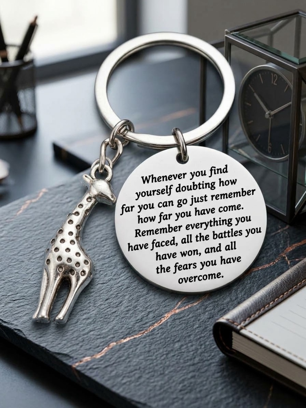 Inspirational Giraffe Key & Card Holder Keychain Silver-Tone
